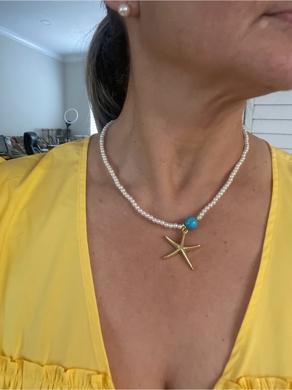 Pearl Choker Necklace with Gold Starfish and Turquoise Bead